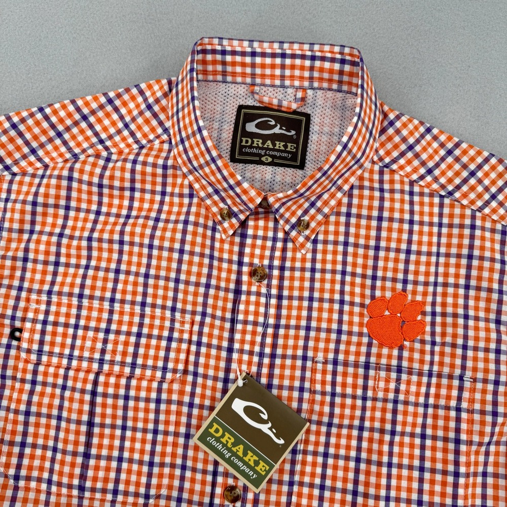 NWT‎ Drake Waterfowl Clemson Tigers Mens Small Gingham Breathable Fishing Shirt